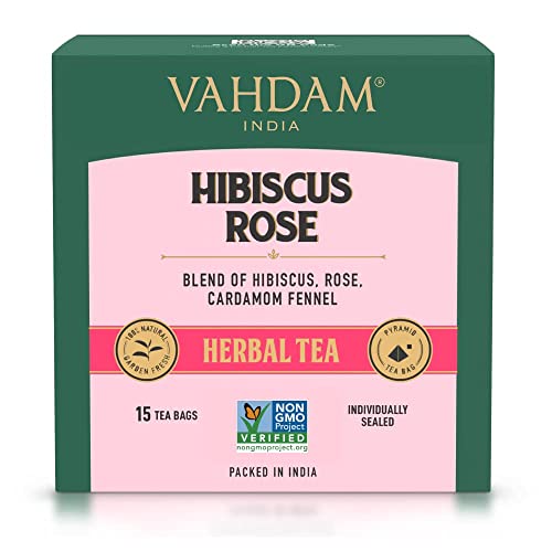 VAHDAM, Hibiscus Flowers Herbal Tea Bags (15 Count) Caffeine Free, Non GMO, Gluten Free Hibiscus Tea | Floral Flavor Tisane - Hibiscus Rose Petals &amp; Exotic Spices | Resealable Ziplock Pouch