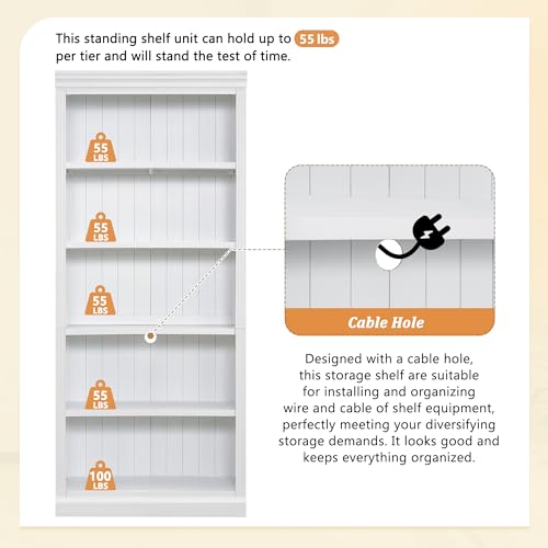 Image of 5-Shelf Bookcase with Light Strip, Bookshelves Floor Standing Display Storage Shelves 83.4 in Tall Bookcase Home Decor Furniture for Home Office, Living Room, Bed Room - White