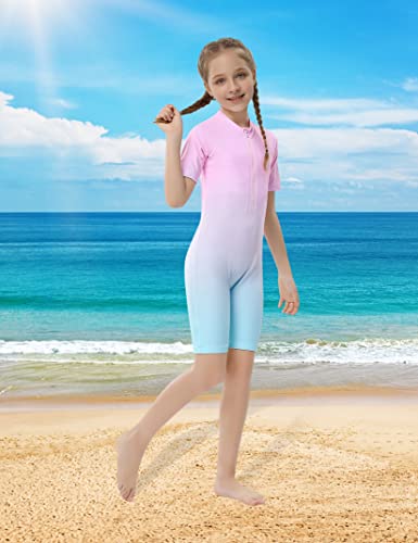 Geru Girls One Piece Swimsuits Zipper Short Sleeve Swimwear Water Sport Shorts Bathing Suits 7-8Y Pink #TOP2
