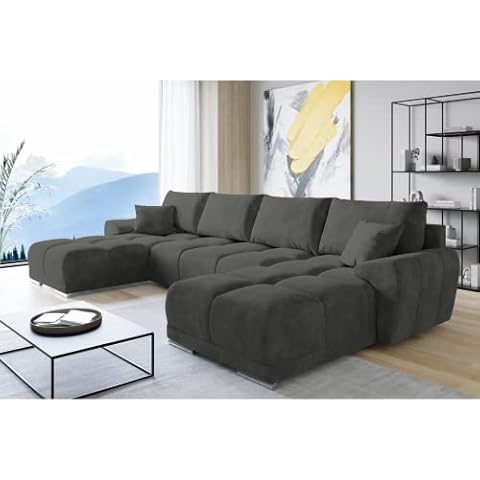 ML Furniture Velvet Ecksofa in U-Form - Darkgrau Sofa - Couch mit Stauraum und Kissen Cover