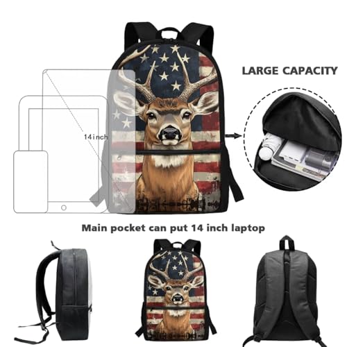 Showudesigns American Flag Deer School Backpack and Lunch Box Set for Girls Boys Elementary Bookbag Lunch Bag Pencil Case Water Bottle Holder 4 In 1 Kids School Bag with Front Pocket Satchel Rucksack4