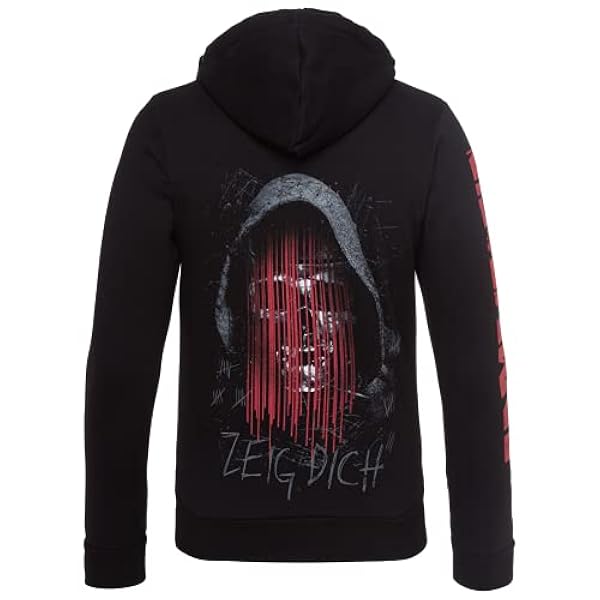Rammstein Chaqueta con capucha para hombre con nombre oficial de la banda Merchandise Fan con cremallera negra con parte frontal multicolor y parte trasera y laterales estampados.