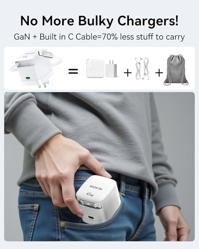 Image of USB-C Charger Block, 45W GaN 2 Port Fast Charging w /Built-in Retractable C Cable & Foldable Plug, PD /PPS for iPhone 16Pro Max /16 /Pixel 9 pro /Galaxy /iPad /MacBook (White)
