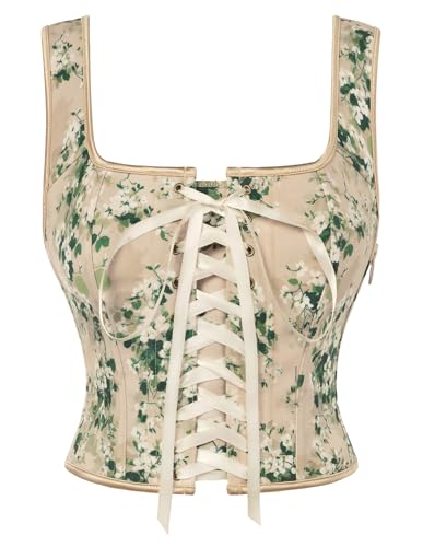 Scarlet Darkness Renaissance Corset Top for Women Medieval Boned Floral Overbust Corsets Pirate Fairy Costume Size 6-18 Beige Green Floral Size 18