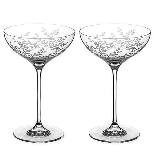 DIAMANTE Champagne Cocktail Saucers Coupes Pair - ‘Breeze’ - Intricately Etched Floral Leaves Pattern - Set of 2