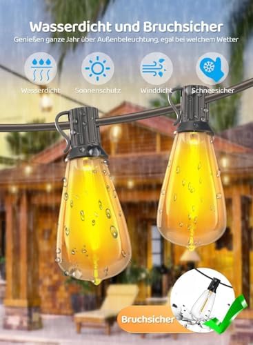 Gaoxun 50FT Solar/USB Outdoor String Lights with 25 Shatterproof LED Bulbs(1 Spares), Waterproof ST38 Patio Lights Dimmable with Remote, 3 Modes, Timer, for Backyard Garden Party, 2700K Warm White — view 5