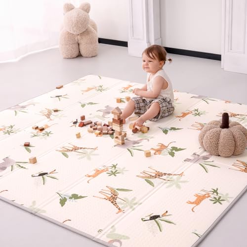 Image of 59x71 Inch 2 in 1 Fabric & XPE Dual-Sided Design Foldable Play Mat for Babies & Toddlers, Waterproof & Anti-Slip, Portable Baby Foam Crawling Mat with Travel Bag