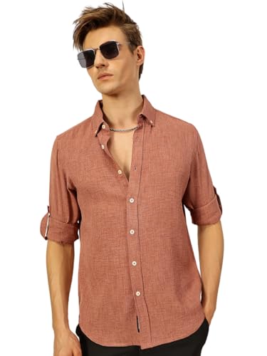 Image of Thomas Scott Men's | Solid | Textured Fabric | Full Sleeve | Slim Fit | Polyester-Blend | Spread Collar | Casual Shirt