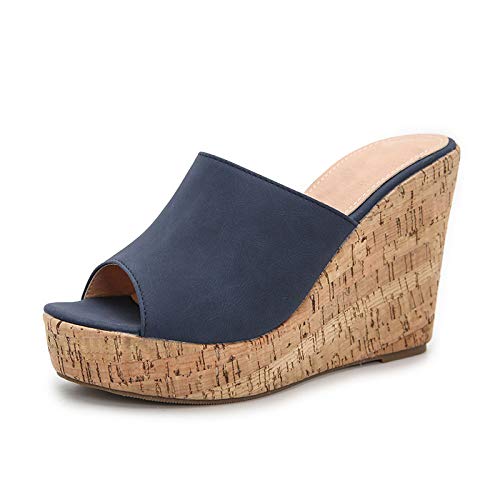 Image of LEHOOR Cork Wedge Mules for Women Platform Slide Sandals Peep Toe, High Wedge 4.5Inch Slippers Microfiber Suede 6-11 M US