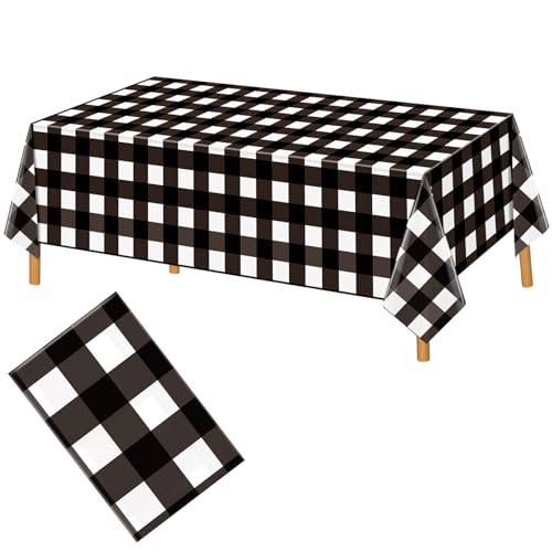 Image of Hxezoc Buffalo Plaid Plastic Tablecloth, 54 x 108 Inch Black and White Checkered Disposable Winter Table Cover for Birthday Party Decorations Outdoor Indoor Party Supplies