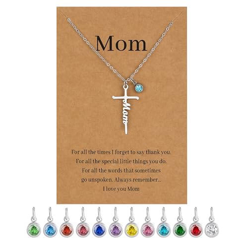 Drogomen Mom Necklace for Women, Mothers Day Gifts for Mom Birthstone Cross Necklace for Women Religious Christian Jewelry Christmas Valentines Mothers Day Birthday Gifts for Moms from Daughter Son