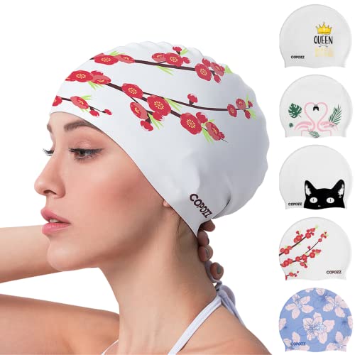COPOZZ Women‘s Swim Cap for All Hair - Large, Comfortable Silicone Swimming Cap, Waterproof Design for Long, Short, Thick & Curly Hair | Secure & Comfortable Fit (Plum Blossom-12yrs+)