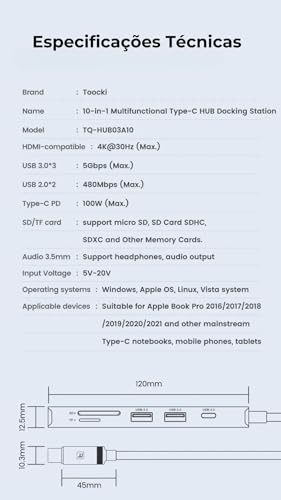 Hub USB-C Toocki 10 em 1 com HDMI 4K, PD 100W, USB 3.0, SD/TF, Áudio 3.5mm – Dockstation Multifuncio