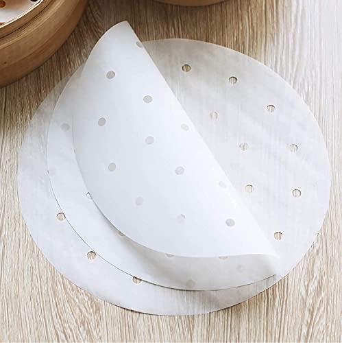 Foto von 100 Stück Dim Sum Papier Ø 23 cm als Unterlage für Bambusdämpfer, Heißluftfritteuse, Dampfgarer Air Fryer Airfryer Liner, antihaftbeschichtet, rundes Backpapier Perforiertes Bambus Papier