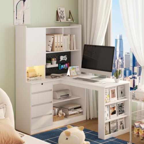 RuiSiSi Farmhouse L-Shaped Desk with Hutch, White