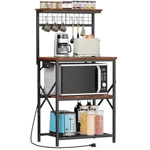 Furologee Kitchen Bakers Rack with Power Outlet, Microwave Oven Stand with Storage 4 Tiers, Coffee Bar Table with 6 S Hooks, Kitchen Storage Shelf Rack for Spices, Pots, Rustic Brown