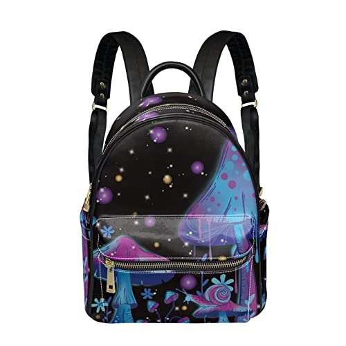 Galaxy Mushroom Snail Print Mini Pu Leather Backpacks for Women Casual Daypack Ladies Travel Shoulder Bags with Side and Inner Pocket,Blue2