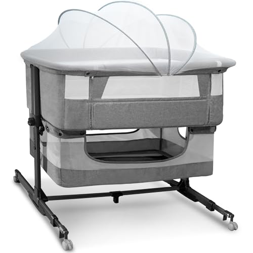 cutebeams Baby Bassinet, 3 in 1 Bedside Sleeper with Mattress and Mesh Sides, Mosquito Net, Storage Basket, with Rocking Function, 5-Height Adjustable, Easy Assemble Crib for Newborn, Gray