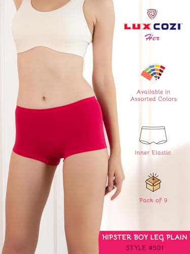 Image of Lux Cozi for Her Women's Boy Shorts Panty | High Coverage 100% Cotton Panty Set for Women |Mid Waist Boyleg Panty |Color May Vary | Pack of 9