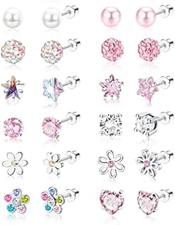 JeweBella 12Pairs Small Earrings Set for Women Girls Stainless Steel Cute Stud Earrings Butterfly Flower Zirconia Heart Hypoallergenic Earrings Multicolored Screw Back Earrings Set