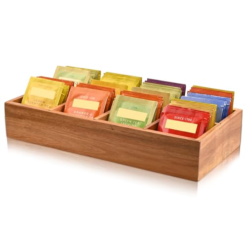 Acacia Wood Tea Bag Organizer with 8 Slots &ndash; Tea Bag Holder and Tea Organizer, Sugar Packet...