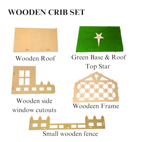 Image of Excel Impex Decorative Christmas Decoration Wooden Crib Stable with Glitter Star Topper, Green Turf Base, 40 x 30 x 25 cm