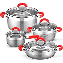 Sartenes Chef Sauce Gridinlux | Set de Cocina Elite Chef Munich | 8 Piezas | 4 Tapas de Vidrio Templado | Acero Inoxidable con Encapsulado Reforzado | Base Multisuperficie (Rojo)