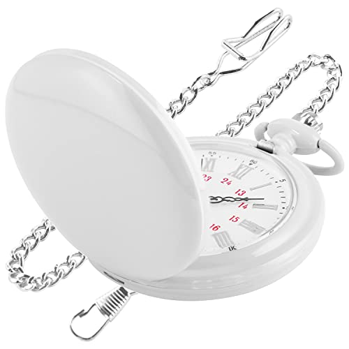 Realpoo White Smooth Cover Quartz Pocket Watch, Fashionable Roman Digital White Dial with Waist Chain Pocket Watches for Men-Green
