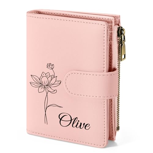 Personalized Wallets Women, RFID Blocking Bifold Zipper Pocket Wallet,Custom Birth Flower&Name Ladies Wallet, Small Leather Purse with ID Window, Customized Presents for Women(Pink)