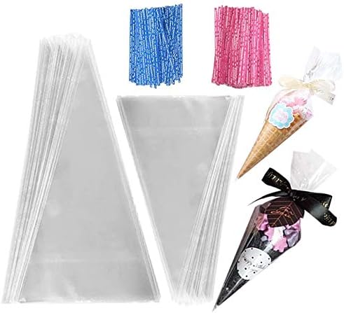 XIPEGPA Clear Cellophane 2 Sizes Triangle Plastic Party Bags Cone with 200 Pieces Twist Ties 2 Mix Colors Ties and 2 Colour Ribbons (200 Pieces)