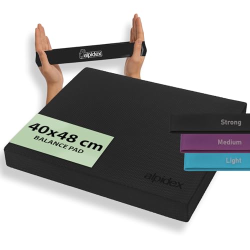 ALPIDEX Balance Pad 48x40x6 cm Balancekissen Schwarz inkl. 3 Fitnessbänder Stabilität Koordination Verbessertes Gleichgewicht Kissen Rutschfest Wackelkissen Balancegerät Gleichgewichtstrainer