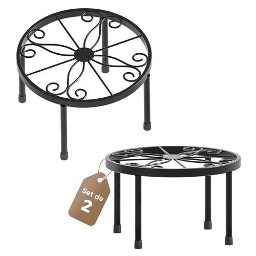 Bamworld 2 Piezas Soporte para Plantas Negro Metal 23 cm Macetero Redondo de Hierro Estanteria Resistente Interior Exterior Múltiples Macetas Jardín Decoración