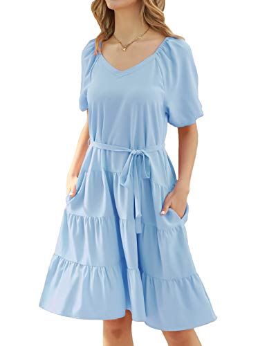 GRACE KARIN Womens V Neck Puff Sleeve Casual Swing Ruffle Smock Dress Light Blue XL