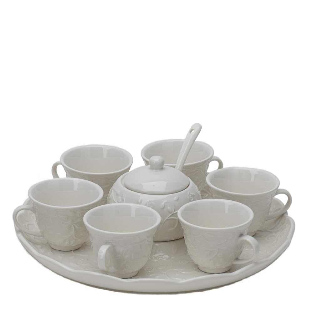 Hervit Vassoio in Porcellana Romance con 6 Tazzine da caffè e Zuccheriera con Rose in Rilievo - Scatola Regalo - Set da caffè, Tazzine caffè Espresso - Pausa caffè - Regalo Donna - Ø26cm