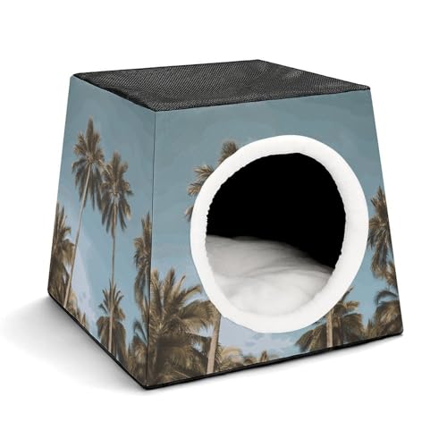 FODPAND Tall Tropical Palm Trees Cat Bed Cave for Small Dog Cat House 3-in-1 Foldable Cats Beds with...
