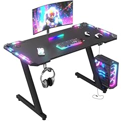 Scrivania Gaming LED 120x60 cm - Tavolo da Gaming con Luci RGB a Controllo Tattile, Piano in Fibra di Carbonio Nero, Ganci per Cuffie, Design Ergonomico, Scrivania PC per Setup Gamer Professionale
