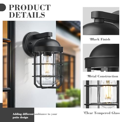 Image of Emliviar 2-Pack Outdoor Exterior Wall Light Fixtures for Porch, 11.3 Inch Black Wall Mount Lantern with E26 Bulb Base, Clear Tempered Glass, GE255BL-2PK BK