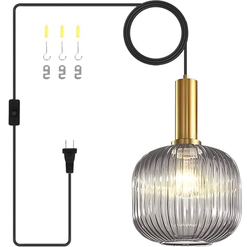 Pobllem Striped Glass Plug in Pendant Light Fixture, Smoke Gray Glass Hanging Light for Kitchen Dining Room Bedroom, Industrial Hanging Ceiling Lamp with 15Ft Cord