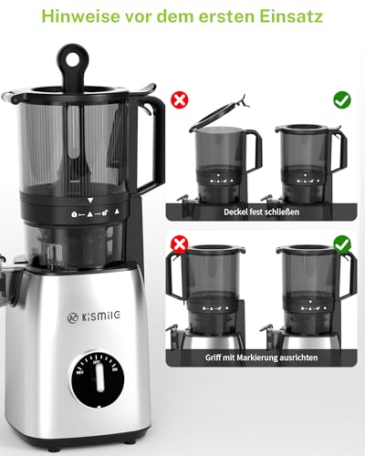 Kismile Entsafter, Slow Juicer mit 135 MM XL-Einfüllschacht, Hohe Saftausbeute für Ganze Gemüse und Obst, Leicht zu Reinigen,Schlankes Design mit Drehknopf