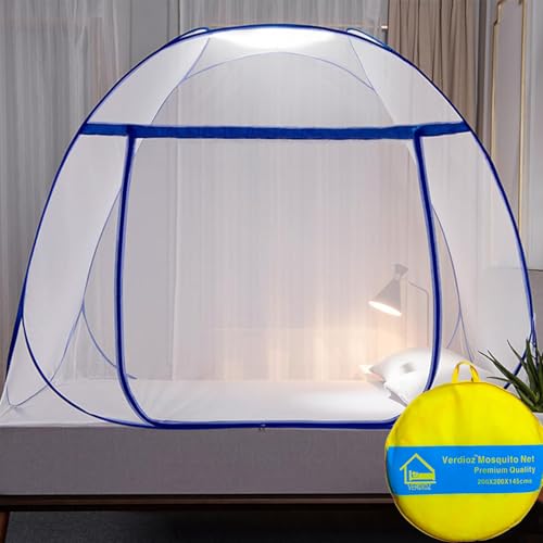Image of VERDIOZ WITH DEVICE Double Bed Mosquito Net Machardani, King Size Mosquito Net Adult | Kids | Baby | Corrosion Free Steel Wire, 30 GSM Bright White Net with Saviour Kit -(Blue Zipper, Blue Border)