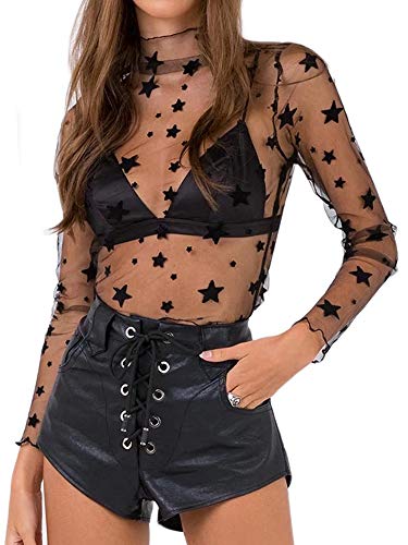 Eliacher Women Sexy Clubwear Mesh Sheer See Through Long Sleeve Crop Tops (L, Black StarL)