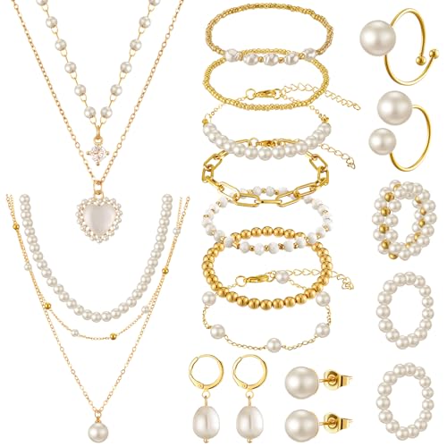 Tondiamo 17 Pcs Gold Pearl Rhinestone Jewelry Set for Women Gold Plated Pearl Layer Charm Necklace Bracelets Earrings Rings Trendy Jewelry Set for Women Spring Wedding Gifts