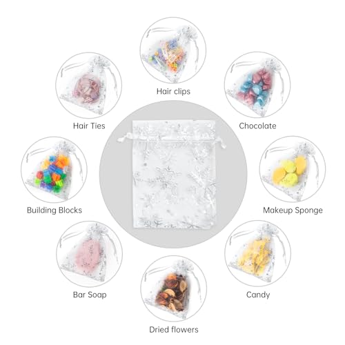 Image of YHJZ 50PCS Snowflake Organza Bags, 4x6 inches Small Christmas Gift Bags with Drawstring, Mesh Bags for Gift (White Christmas)