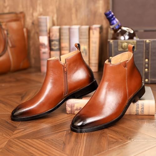 Men's British Side Zipper Leather Boots Square Toe Slip-on Middle Fashion Casual Shoes Slip Resistant Rubber Soft Sole Oxford Shoes for Men(10)2