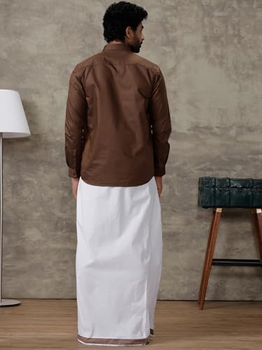 Image of RAMRAJ COTTON Men Full Sleeve Solid Shirt With Matching Border Dhoti|Ideal For Weddings And Occasion