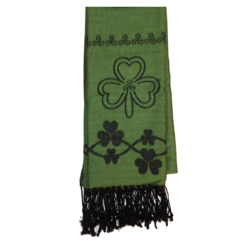 Shamrock Style Long Green Pashmina Scarf With Celtic Knotwork Design, Dark Green