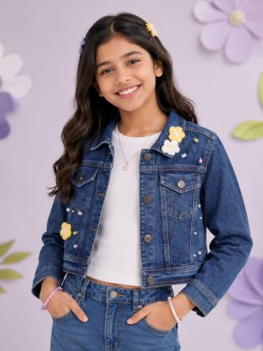 Image of Girls Full Sleeve Solid Crop Denim Jacket
