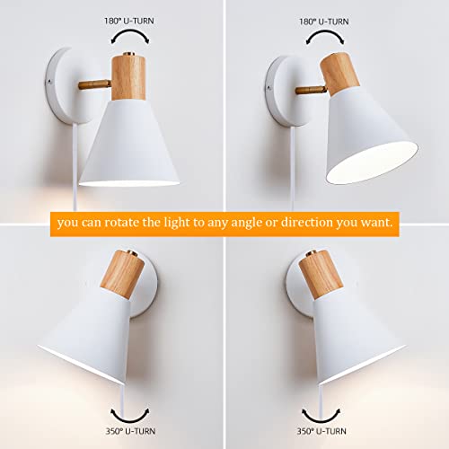 ClanKin Plug in Wall Sconces Lighting for Bedroom, White Dimmable Wood Style Wall Sconce Reading Lamp, Adjustable Wall Light for Bedroom Hallway Living Room (White-Plug in, 1) by ClanKin - Image 4