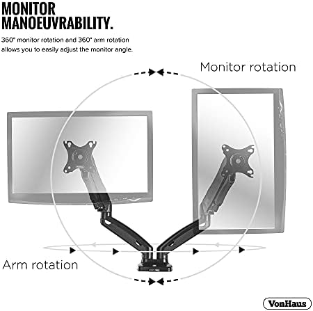 VonHaus - Dual Monitor Arm Full Motion for 17-32 Screens - Gas Spring Double Monitor Mount For Desk with Clamp and USB Port -180° Tilt, 360° Rotation & Twin 360° Swivel Arms - VESA up to 100mm