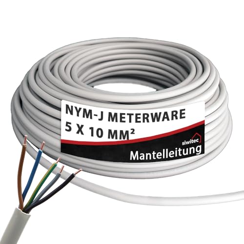 siwitec NYM-J 5x10 mm² Kabel, Mantelleitung, Installationskabel, Feuchtraumkabel in grau, exakt zugeschnittene Meterware in Profi-Qualität, Länge (aktuelle Auswahl) = 3 Meter